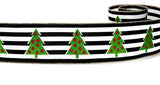 PerpetualRibbons Christmas Stripes 2.5 inch Black & White Horizontal Striped Satin Ribbon with Green Christmas Trees - 5 Yards