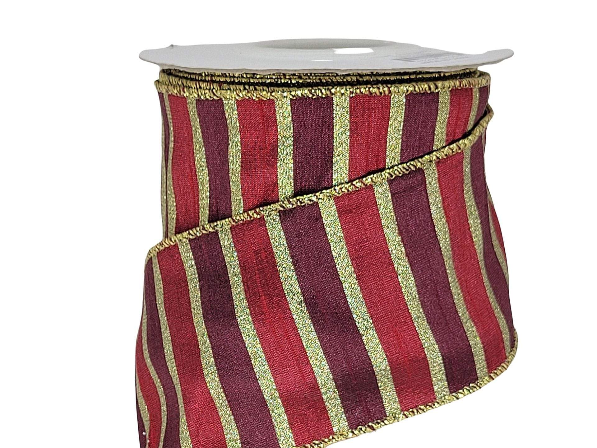 Burgundy Gold Striped Christmas Ribbon - 2 1/2 x 10 Yards, Wired,  Valentine's Day, Fall, Wreath