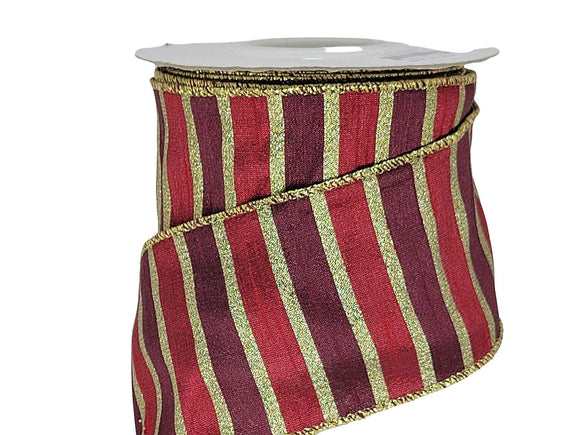 PerpetualRibbons Christmas Stripes 2.5 inch Burgundy & Red Stripes Embellished with Gold Glitter Stripes Ribbon - 10 Yards