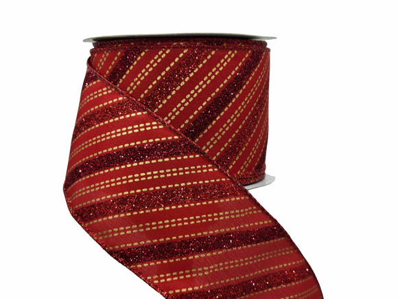 PerpetualRibbons Christmas Stripes 2.5 inch Red Canvas Ribbon with Diagonal Red Glitter & Gold Stripes - 10 Yards