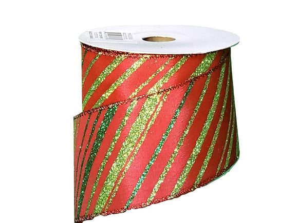 PerpetualRibbons Christmas Stripes 2.5 inch Red Linen Ribbon with Diagonal Red & Lime Green Glittered Stripes - 10 Yards
