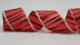 PerpetualRibbons Christmas Stripes 2.5 inch Red Satin Ribbon w/Red & White Vertical Glitter Stripes - 5 yards