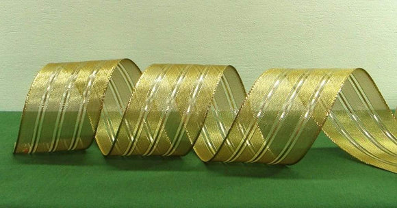 PerpetualRibbons Christmas Stripes 2.5 inch Semi Sheer Gold Striped Christmas Ribbon - 5 Yards