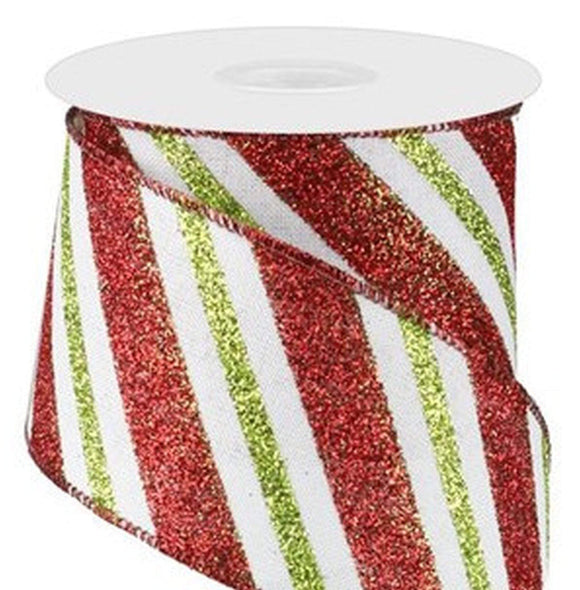 PerpetualRibbons Christmas Stripes 2.5 inch White Canvas Ribbon with Diagonal Red & Lime Green Glitter Stripes