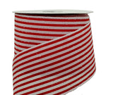 PerpetualRibbons Christmas Stripes 2.5" Wired Red Satin Ribbon with White Horizontal Iridescent Glitter Stripes - Wired Christmas Ribbon - 5 Yards