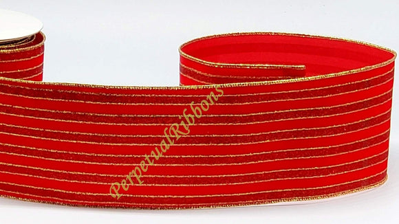 PerpetualRibbons Christmas Stripes 4 inch Wired Red Flocked Velvet Ribbon with Red Glitter Stripes - 10 Yards