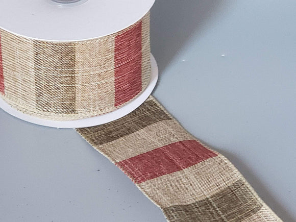 PerpetualRibbons Christmas Stripes Wired Christmas Ribbon - 2.5 inch Faded Red, Green & Natural Vertical Striped Ribbon - 5 Yards