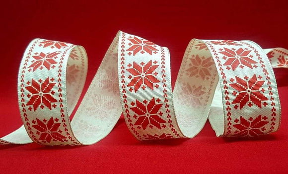 PerpetualRibbons Christmas Winter Ribbon 1.5 inch Cream Wired Twill Ribbon featuring Red Scandinavian Snowflakes - 5 yards
