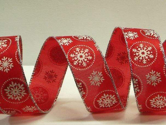 PerpetualRibbons Christmas Winter Ribbon 1.5 inch Red Satin Ribbon with White Snowflakes - 5 Yards