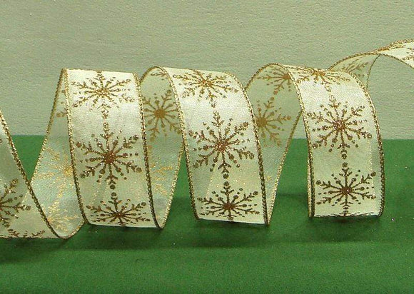 PerpetualRibbons Christmas Winter Ribbon 1.5 inch Sheer Ivory Ribbon with Gold Glitter Snowflakes - 5 Yards
