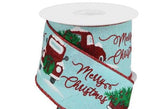 PerpetualRibbons Christmas Winter Ribbon 2.5" Ice Blue Canvas Ribbon with Old Red Farm Truck Carrying Christmas Tree - Merry Christmas Ribbon