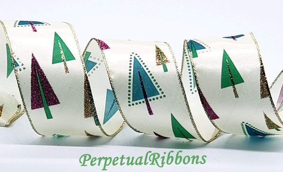 PerpetualRibbons Christmas Winter Ribbon 2.5 inch Cream Ribbon with Pink, Green, Turquoise & Gold Mod Christmas Trees - 5 Yards