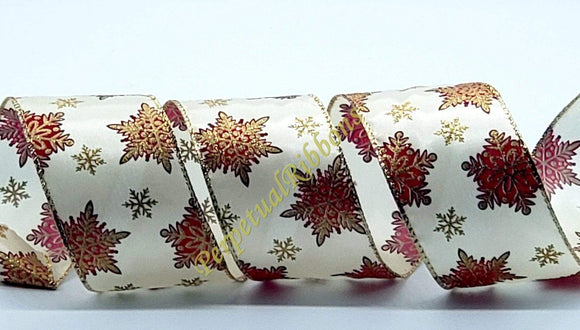 PerpetualRibbons Christmas Winter Ribbon 2.5 inch Cream Satin Ribbon with Red & Gold Glitter Snowflakes - 10 Yards
