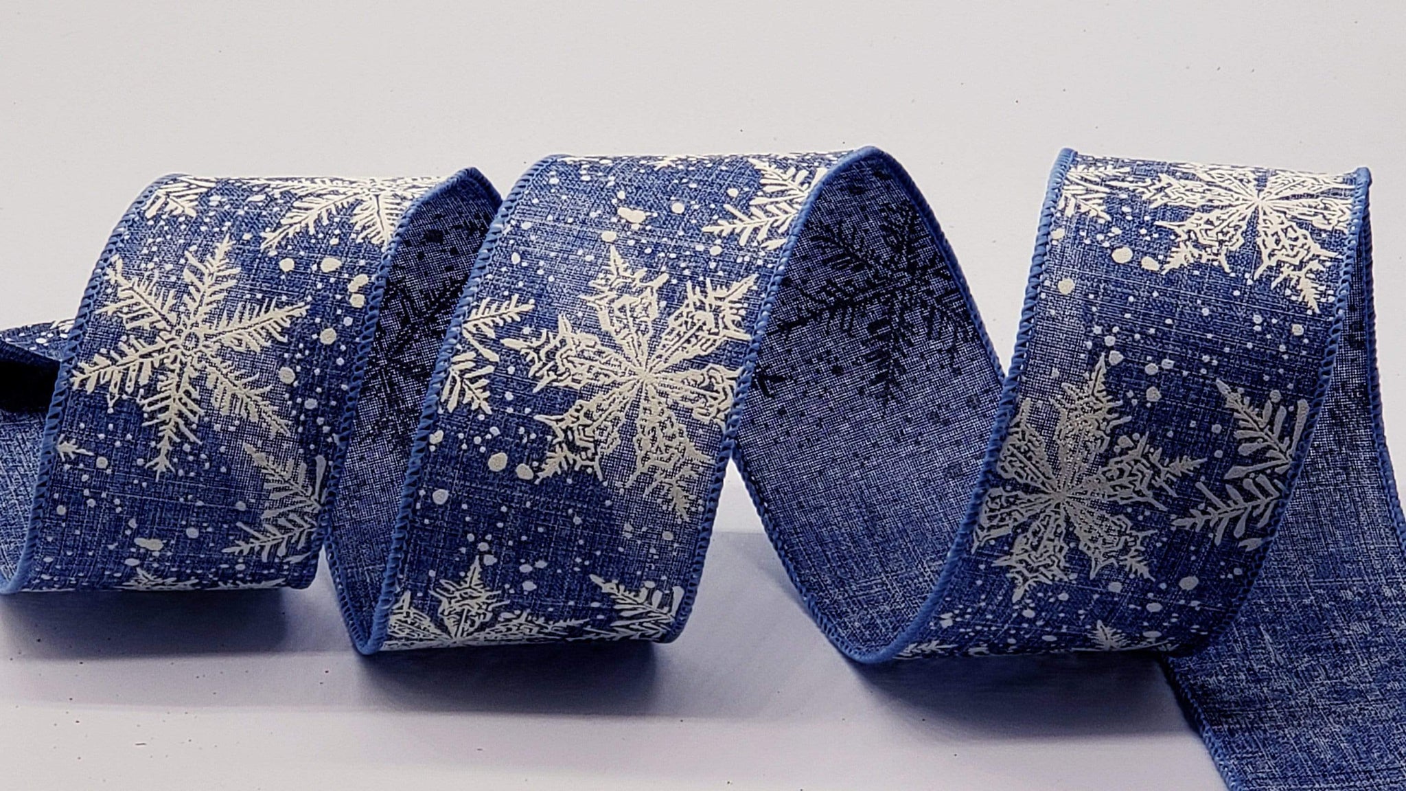 2.5 inch Denim Canvas Ribbon with Falling White Glittered Snowflakes ...