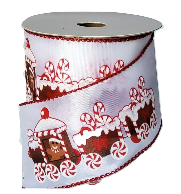 PerpetualRibbons Christmas Winter Ribbon 2.5 inch Gingerbread Candy Cane Christmas Train on White Satin -  Wired Christmas Ribbon - 10 Yards