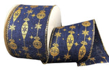 PerpetualRibbons Christmas Winter Ribbon 2.5 inch Gold Vintage Ornaments on Navy Blue Canvas Ribbon - Wired Christmas Ribbon - 10 Yards