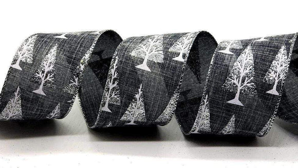 PerpetualRibbons Christmas Winter Ribbon 2.5 inch Gray Canvas Ribbon with White & Silver Glitter Mod Christmas Trees - 10 Yards
