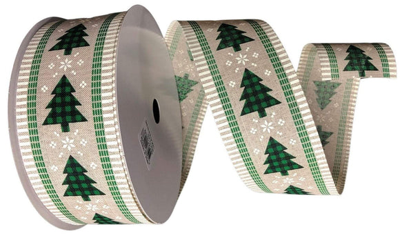 PerpetualRibbons Christmas Winter Ribbon 2.5 inch Light Natural Canvas Ribbon Featuring Christmas Trees with Green & Black Gingham - 10 Yards