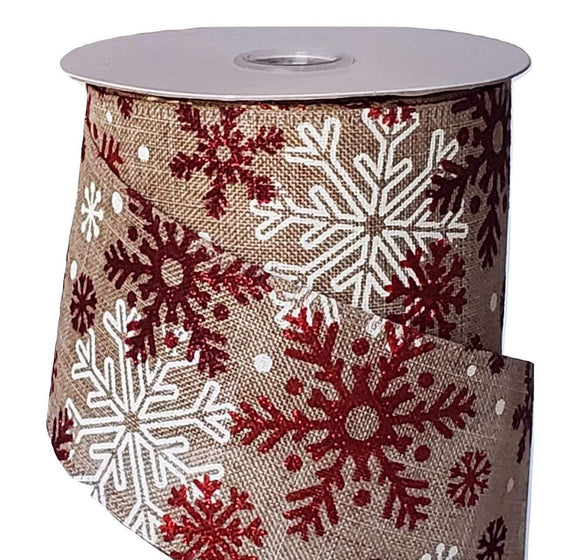 PerpetualRibbons Christmas Winter Ribbon 2.5 inch Natural Canvas Ribbon with Red, Burgundy & White Snowflakes - Wired Christmas Ribbon - 5 Yards