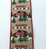 PerpetualRibbons Christmas Winter Ribbon 2.5 Inch Natural Canvas Ribbon with Snow Capped Red Christmas Barn in a Forest Setting - Wired Christmas Ribbon - 5 Yards