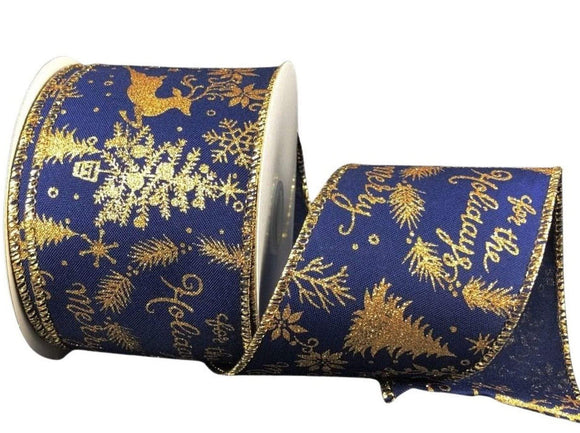 PerpetualRibbons Christmas Winter Ribbon 2.5 inch Navy Blue Canvas Ribbon with Gold Reindeer, Pine Trees, Branches, Snowflakes and Scripted Words - 10 Yards