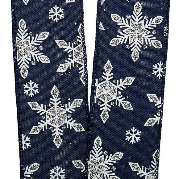 PerpetualRibbons Christmas Winter Ribbon 2.5 inch Navy Blue Canvas Ribbon with White Snowflakes - 10 Yards