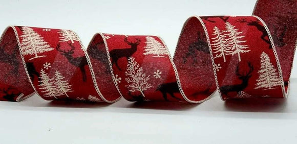 PerpetualRibbons Christmas Winter Ribbon 2.5 inch Red Canvas Ribbon with Brown Deer, Snow Covered Pine Trees & Snowflakes - 10 Yards