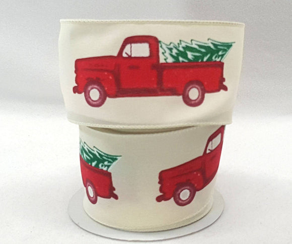 PerpetualRibbons Christmas Winter Ribbon 2.5 inch Red Farm Truck Carrying Snowy Christmas Tree - 5 Yards