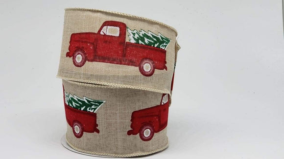 PerpetualRibbons Christmas Winter Ribbon 2.5 inch Red Farm Truck Carrying Snowy Christmas Tree on Natural Linen Ribbon - 5 Yards