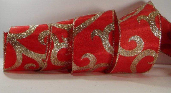 PerpetualRibbons Christmas Winter Ribbon 2.5 inch Red Satin Ribbon with Gold Glitter Flourishes  - 5 Yards