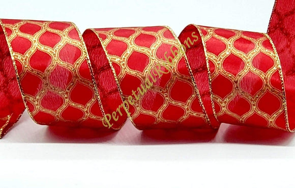 PerpetualRibbons Christmas Winter Ribbon 2.5 inch Red Satin Ribbon with Gold Glitter Teardrop Design - 5 Yards