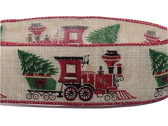 PerpetualRibbons Christmas Winter Ribbon 2.5 inch Red Train Carrying Christmas Tree on Natural Linen Ribbon -  Wired Christmas Ribbon - 5 Yards
