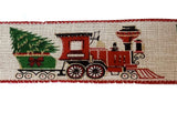 PerpetualRibbons Christmas Winter Ribbon 2.5 inch Red Train Carrying Christmas Tree on Natural Linen Ribbon -  Wired Christmas Ribbon - 5 Yards