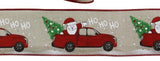 PerpetualRibbons Christmas Winter Ribbon 2.5 inch Santa Clause Shouting "Ho Ho Ho" in a Red Pick Up Truck with Christmas Tree - Wired Christmas Ribbon - 10 Yards