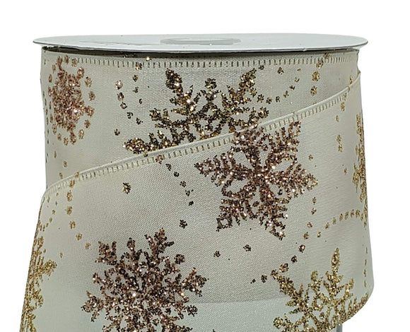 PerpetualRibbons Christmas Winter Ribbon 2.5 inch Satin Cream Ribbon with Gold Glittered Snowflakes - 5 Yards