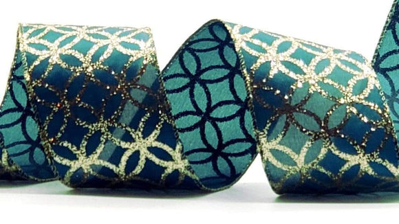 PerpetualRibbons Christmas Winter Ribbon 2.5 inch Teal Blue Ribbon w/Gold Glitter Interlocking Rings - 5 Yards