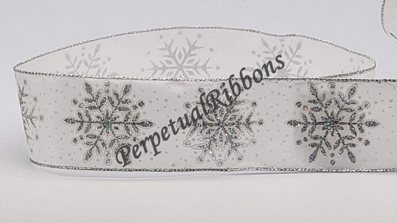 PerpetualRibbons Christmas Winter Ribbon 2.5 inch White Satin Ribbon with Three Variations of Silver Glitter Snowflakes - 5 Yards