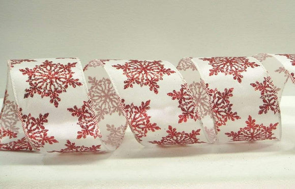 PerpetualRibbons Christmas Winter Ribbon 2.5 inch White Wired Satin Ribbon with Red Glitter Snowflakes - 5 Yards