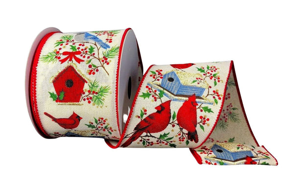 PerpetualRibbons Christmas Winter Ribbon 2.5 inch Wired Christmas Ribbon - Cream Linen Ribbon with Red Cardinals & Blue Birds Resting on Snowy Branches
