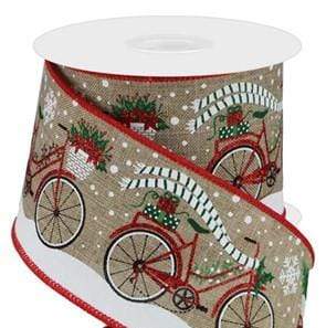 PerpetualRibbons Christmas Winter Ribbon 2.5 inch Wired Christmas Ribbon - Red Glitter Bicycles on Natural Canvas - 10 Yards