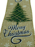 PerpetualRibbons Christmas Winter Ribbon 2.5" Natural Canvas Ribbon with Green, Gold Glitter & Navy Blue Plaid Christmas Trees - Wired Christmas Ribbon - 5 Yards