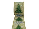 PerpetualRibbons Christmas Winter Ribbon 2.5" Natural Canvas Ribbon with Green, Gold Glitter & Navy Blue Plaid Christmas Trees - Wired Christmas Ribbon - 5 Yards