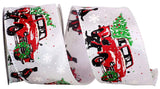 PerpetualRibbons Christmas Winter Ribbon 2.5" Red Vintage Truck Carrying a Christmas Tree on White Satin Ribbon - Wired Christmas Ribbon - 10 Yards