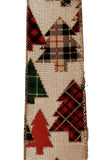 PerpetualRibbons Christmas Winter Ribbon Assorted Plaid Christmas Trees on 2.5" Light Natural Canvas Ribbon - Wired Christmas Ribbon - 5 Yards
