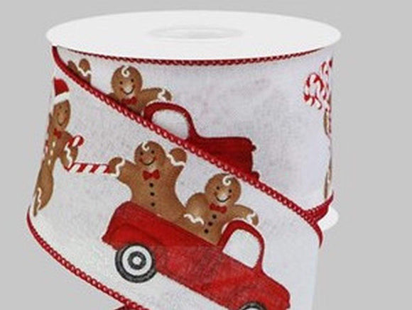 PerpetualRibbons Christmas Winter Ribbon Red Farm Truck Carrying 2 Gingerbread Men and a Third Running Behind on 2.5