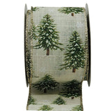 PerpetualRibbons Christmas Winter Ribbon Snowy Pine Trees on 2.5" Cream Linen Ribbon - 10 Yards