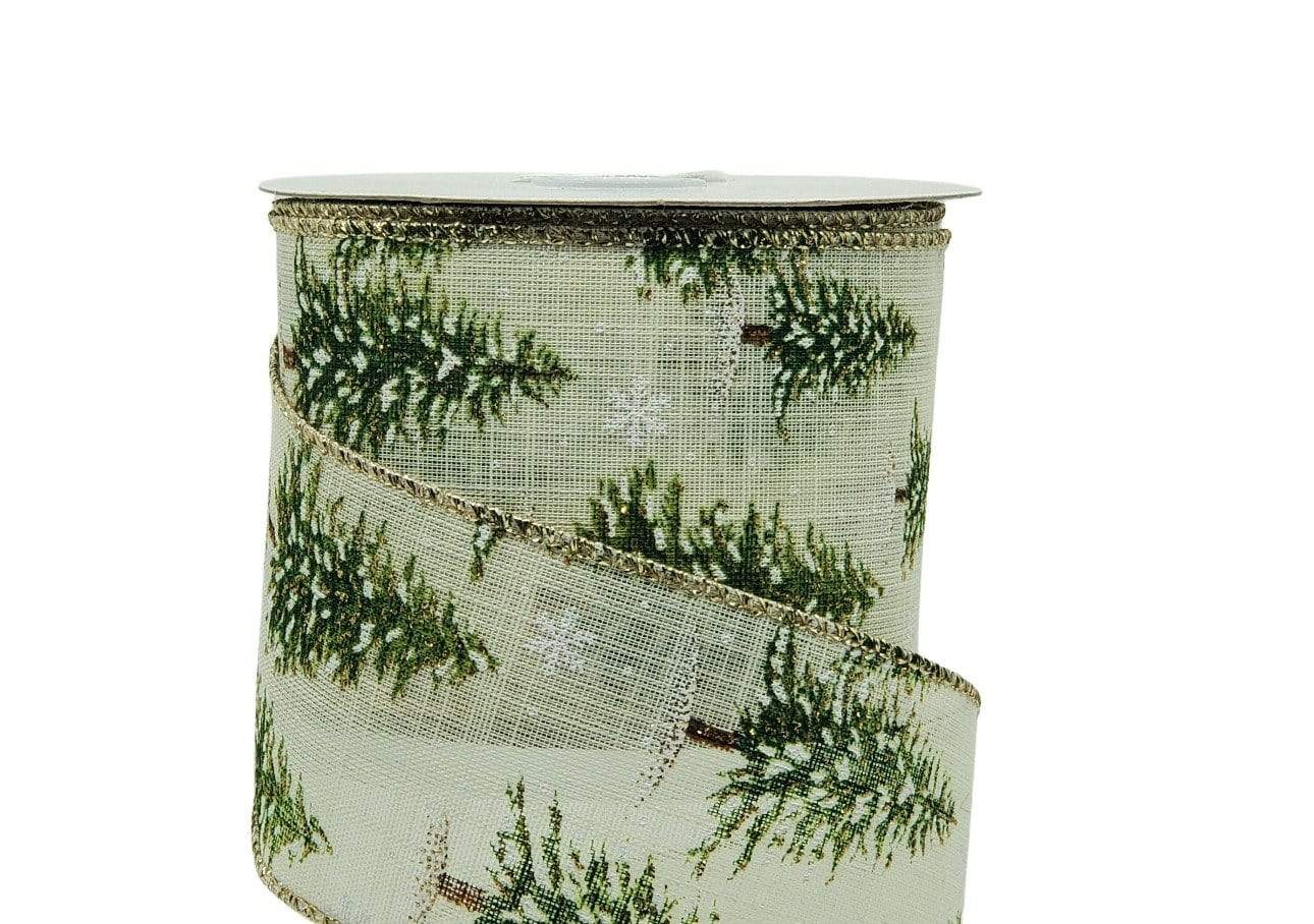 2.5 x 10 yds Cream Linen Ribbon with Snowy Pine Trees – Perpetual Ribbons