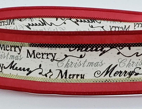 PerpetualRibbons Christmas Words 2.5 inch Cream Satin Ribbon with Black Script Merry Christmas in between Red Satin Borders - 5 Yards