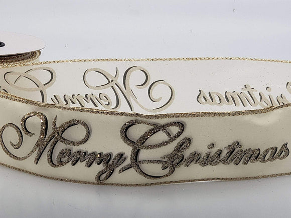 PerpetualRibbons Christmas Words 2.5 inch Cream Satin Ribbon with Gold Glitter Script Merry Christmas - Wired Christmas Ribbon - 5 Yards