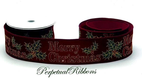 PerpetualRibbons Christmas Words 2.5 inch Gorgeous Crushed Burgundy Velvet with Glitter 